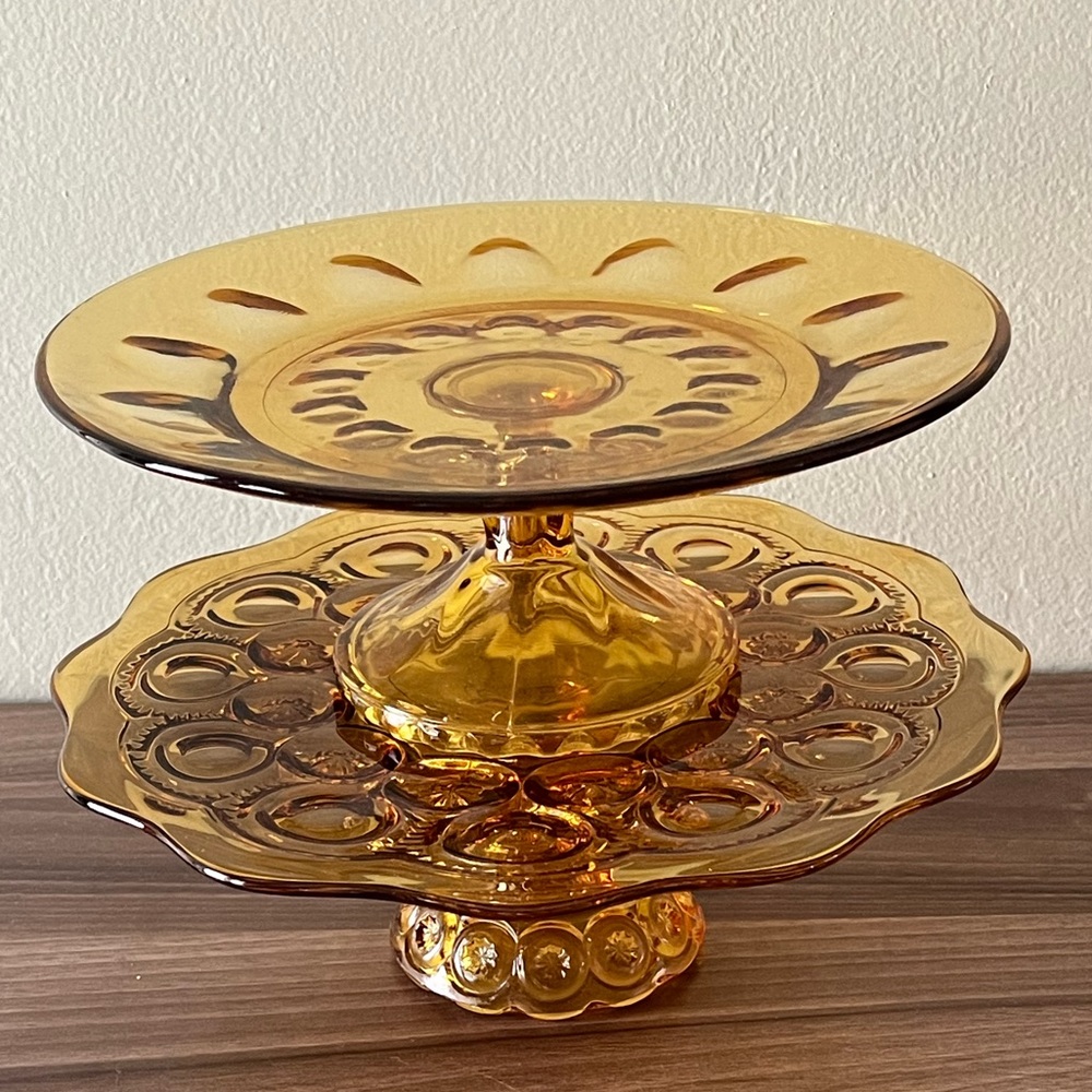 Vintage Amber Glass Cake Plates Set